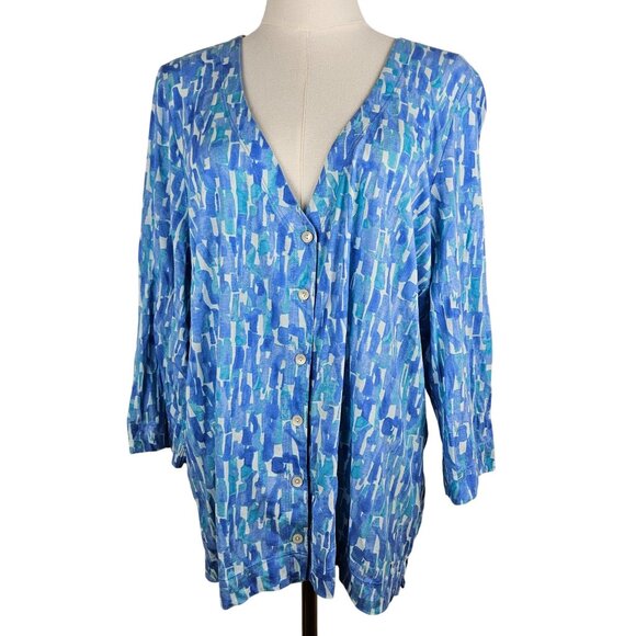 J. Jill Cardigan Large Blue Printed Extra Fine Pima Cotton Casual or Career - Picture 1 of 9